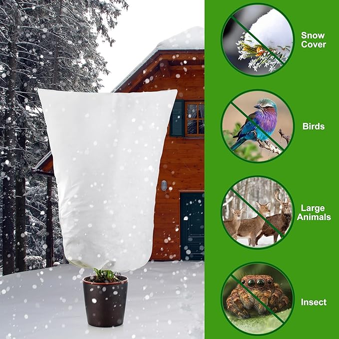 Alpurple 2 Packs Large Size Winter Drawstring Plant Covers- 39 x 63 Inch Warm Plant Protection Cover Bags, Frost Cloth Blanket Protecting Fruit Tree Potted Plants from Freezing Animals Eating