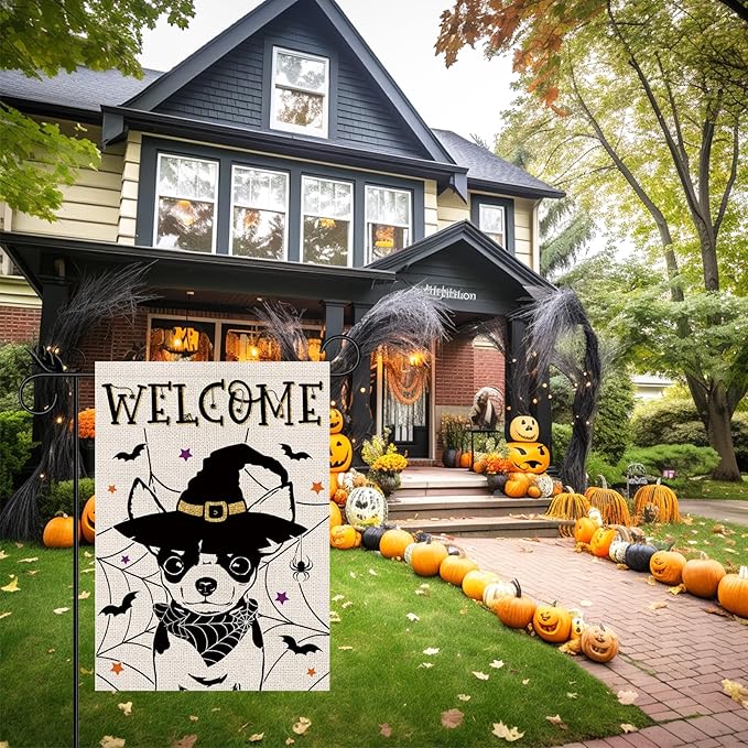 Halloween Garden Flag Chihuahua Cobweb Bats Double Sided Vertical Welcome Flag Seasonal Holiday Outdoor Yard Lawn Party Decorations 12.5 x 18 Inch