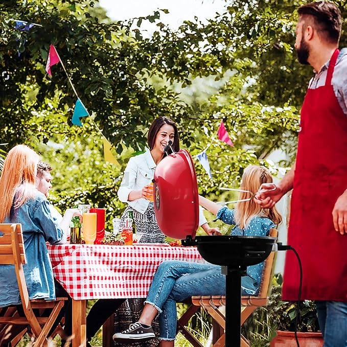 Electric BBQ Grill Techwood 15-Serving Indoor/Outdoor Electric Grill for Indoor & Outdoor Use, Double Layer Design, Portable Removable Stand Grill, 1600W (Stand Red BBQ Grills)