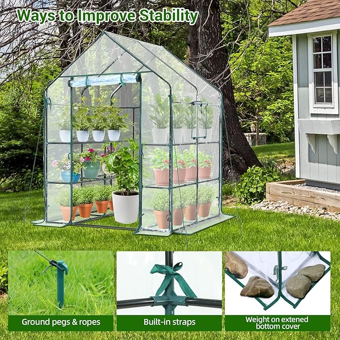 Ohuhu Plastic Greenhouse for Outdoors: Portable Walk in Plant Green House with Improved Transparent PVC Cover, 3 Tiers 12 Shelves Stands Small Greenhouses Backyard Green Houses for Outside Heavy Duty