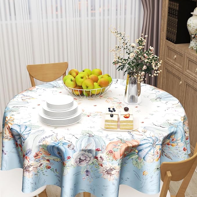 Giwawa Fall Pumpkin Blue Round Tablecloth 60 Inch,Autumn Harvest Thanksgiving Farmhouse Decorative Table Cloth Washable Table Cover for Kitchen Party Picnic Dinner Home Decor
