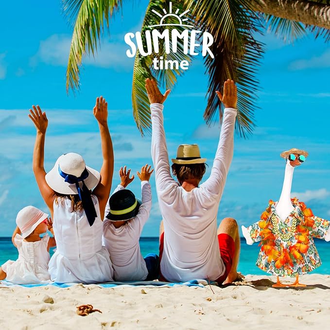 5Pcs Porch Goose Outfits Summer Hawaiian 23" Yard Garden Lawn Goose Clothes with Wreath Straw Hat Glasses Necklace Funny Porch Goose costume Set for 23" Plastic Cement Goose Statue Outdoor Decoration