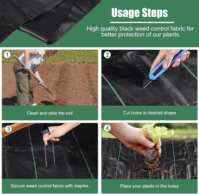 4 x 100FT Garden Weed Barrier Landscape Fabric Heavy Duty Weed Fabric Barrier Premium Garden Ground Cover Weed Control Mat with 30 U-Shaped Securing Pegs for Garden Farming Ground (4 x 50FT 2 Pack)