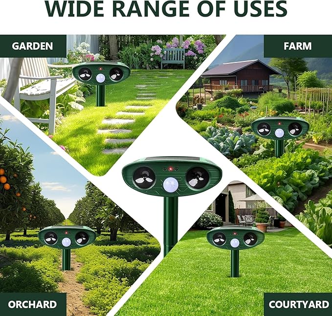2 Pack 2025 Upgraded Solar Ultrasonic Animal Repellent Outdoor Deer Repellent Devices Motion Detection Waterproof Cat Squirrel Mouse Raccoon Dog Repellent Deterrent with Flash Lights for Yard Farm (2)