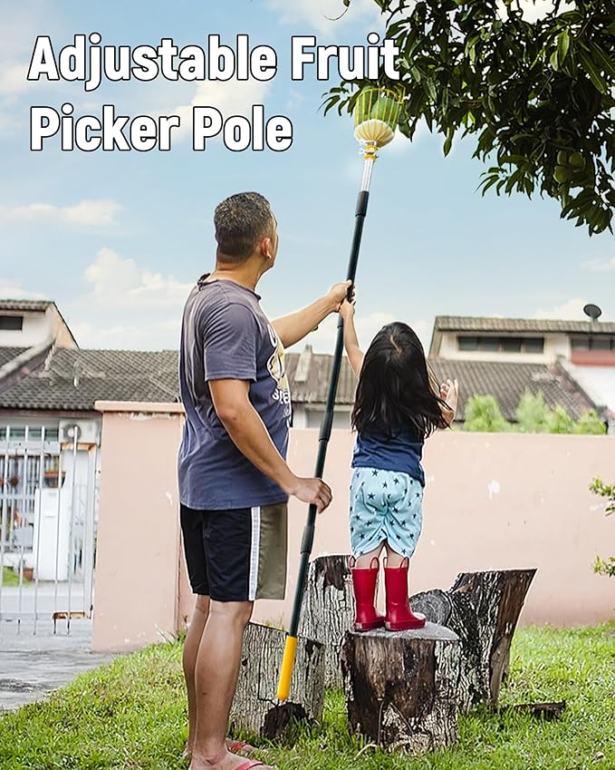 9FT Fruit Picker, Apple Picker Tool with Adjustable Pole and Basket, Long Reach Mango Grabber Tool, Tree Fruit Catcher for Picking Lemon Pear Orange Avocado Peach Citrus