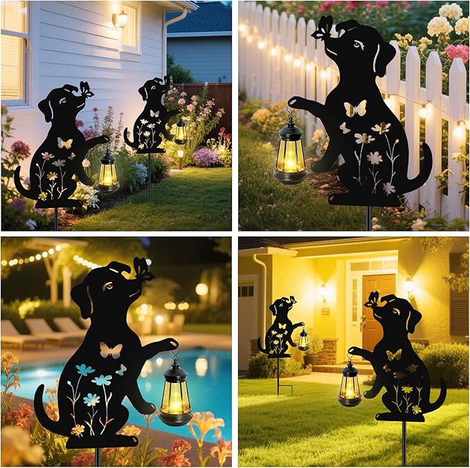 Solar Lights Outdoor, 2 Pack Metal Dog Solar Lights, Birthday Gifts for Women Mom Mother's Day Christmas, Waterproof Metal Hanging Lantern Stakes Garden Decor Outside Patio Yard Pathway Backyard,Lawn