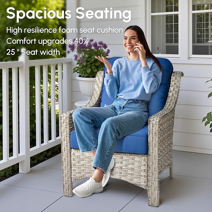 8 Pieces Patio Outdoor Furniture Set with Swivel Rocking Chairs,All Weather Wicker Rattan Patio Seating Sofa and Chair Set w/Ottoman,Outdoor Conversation Sets for Deck Yard Garden,Navy Blue