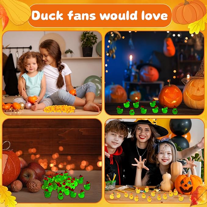 100Pcs Fall Mini Resin Duck Luminous Resin Duck Glow in The Dark Fall Mini Duck Halloween Tiny Animals Miniature Figurine for Fall Party Home Ornament Halloween Favor Miniature Landscape