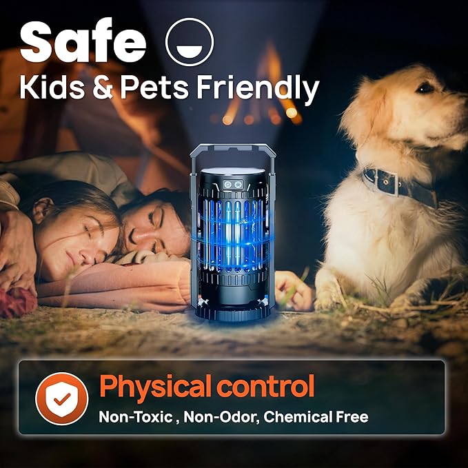 Cordless Outdoor Bug Zapper - Integrated with a 4-in-1 Mode Light, Battery-Powered Rechargeable Mosquito Lamp, Insect Trap, Up to 12 Hours of Battery Life, Black