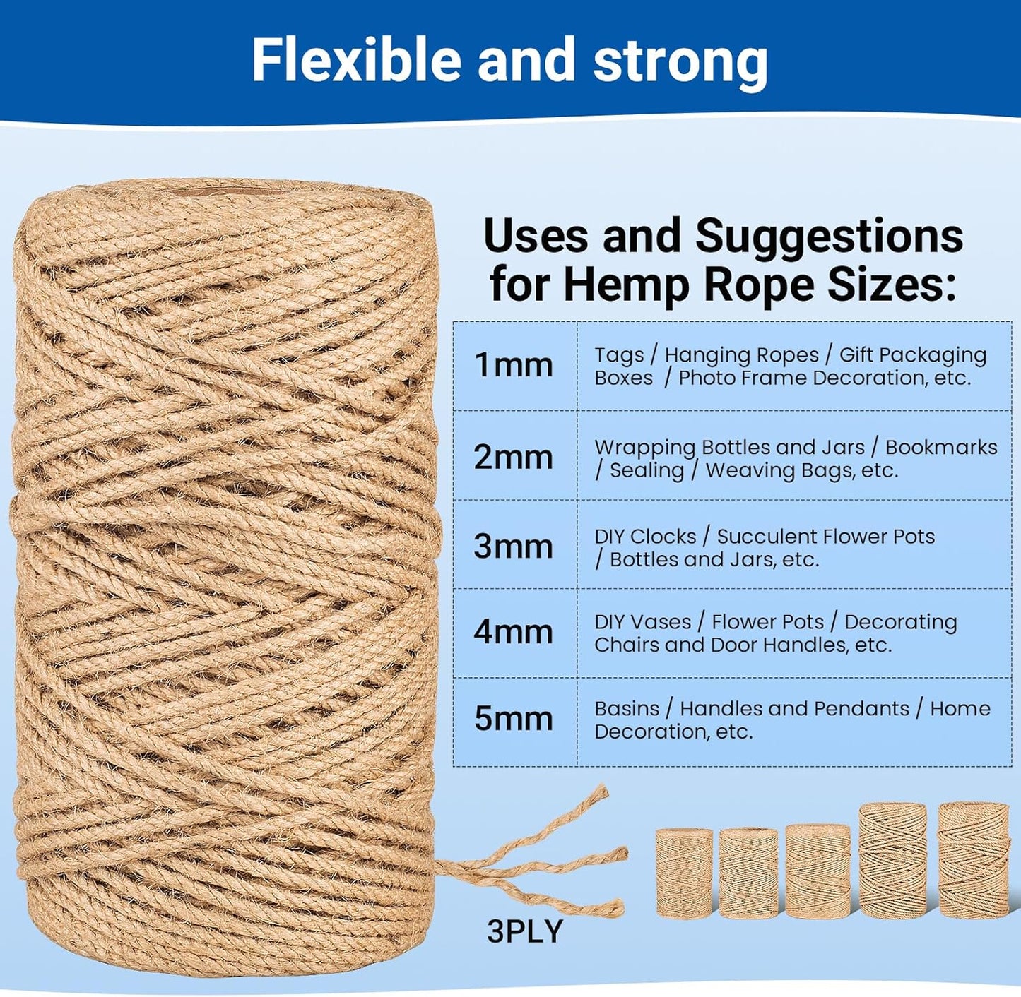 Natural Jute Twine String,Bulk Jute Rope Cord Twine for Crafting Gardening,Roll of Thick and Thin Twine for Gift Wrapping,Brown Decorative Rope,Ornament Twine for Cat Scratch Post (1mm x 1312ft)