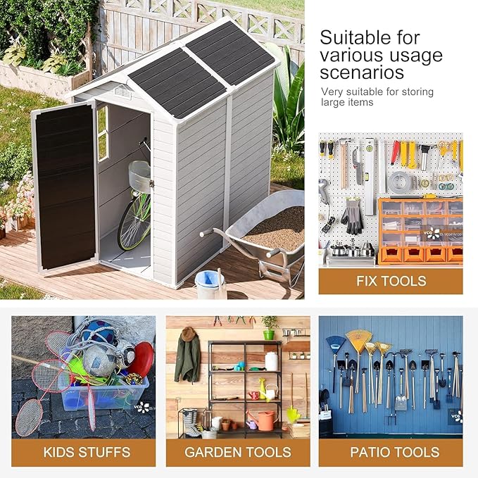 Resin Storage Shed 6 x 4 FT: Outdoor Resin Sheds with Floor, Plastic Waterproof Patio Outdoor Storage Shed with Lockable Door & Windows,Tool Sshed Storage for Garden Backyard Patio Lawn, Gray