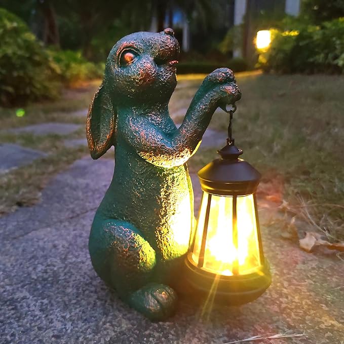 JOYBEE Garden Statues Rabbit with Solar Lantern Outdoor Decor-Rabbit Solar Figurines Lights Decorations for Patio Yard Lawn Ornaments-Gifts for Birthday Easter Housewarming