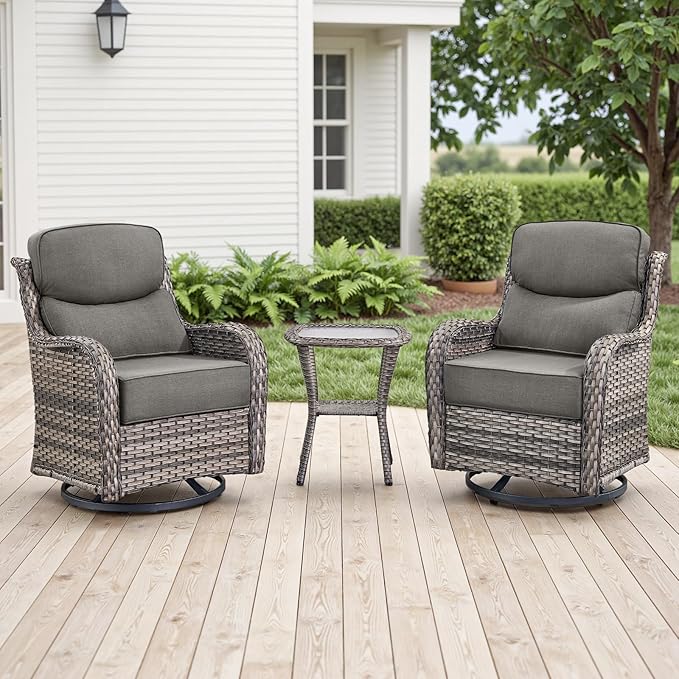 Outdoor Patio Swivel Rocker Chairs Set of 2, Waterproof Wicker, High Back, Deep Seating, Wide Armrest, Upgraded 6 inch Thick Cushions, Side Table, Ideal for Deck Porch Yard, Mixed Grey-Grey