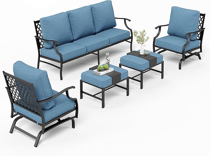 Patio Furniture Set 5 pcs, Outdoor Patio Furniture Set, 3-Seat Sofa, 2 Rocking Chairs, 2 Ottomans and 5.75" Extra Thick Cushions, Conversation Set for Backyard Deck,Navy Blue