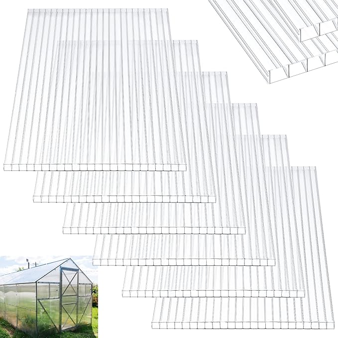 Tatuo 6 Pack 4' X 2' X 0.32'' Polycarbonate Greenhouse Panels Polycarbonate Sheets Twin-Wall Roof Panels Waterproof UV Protected Clear Corrugated Plastic Roofing for Greenhouse Replacement