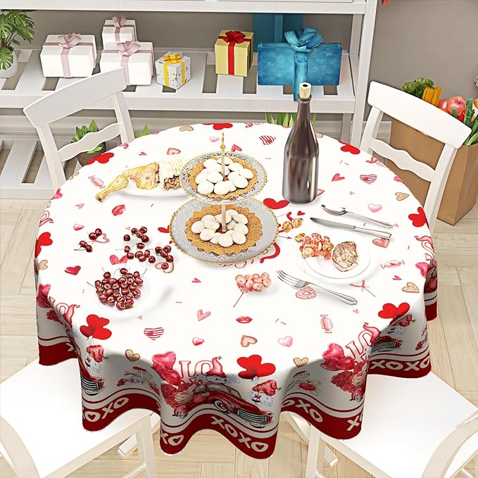 Valentines Round Tablecloth 60 Inches, Happy Valentine's Day Red Truck Table Cloth,Valentine Gnomes Love Hearts Cupid Table Cover for Wedding Anniversary, Proposals, Kitchen, Dining, Party Decor