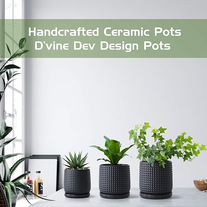 D'vine Dev 6 Inch Ceramic Beaded Stoneware Planter Pot - Flower Pot with Drainage Holes and Saucers for Indoor Succulent Plants or Flowers, Ebony Matte, 27-C-X-6