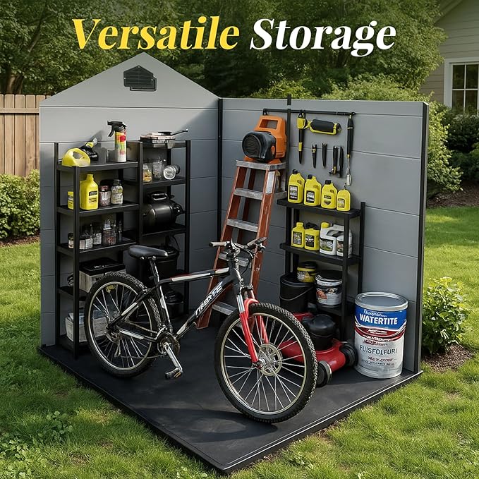 8x6 FT Resin Storage Sheds Outdoor with Floor Included, Plastic Sheds & Outdoor Storage Clearance with 2 Windows and Lockable Door, Backyard Storage Sheds for Bike, Garden Tools, Black+Grey