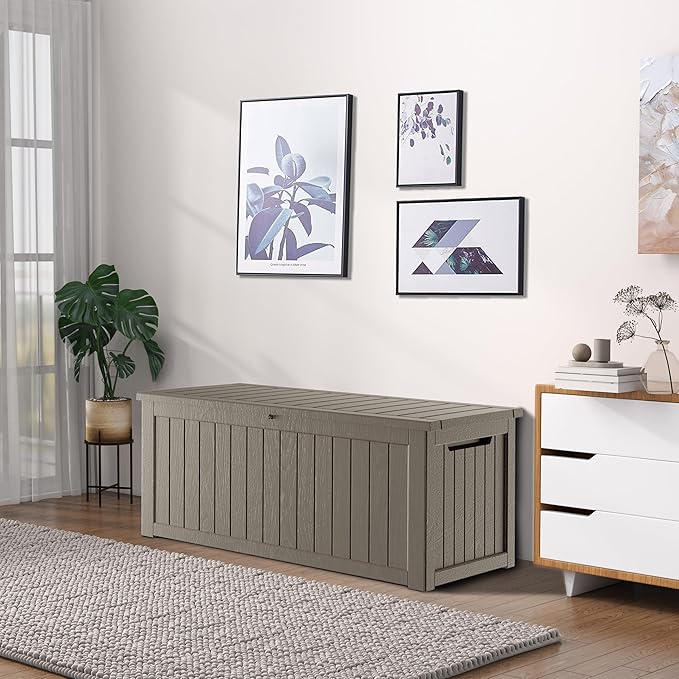 270 Gallon Waterproof Large Resin Deck Box Indoor/Outdoor Lockable Storage Container and Seating for Garden, Pool, and Patio (270 Gallon, Grey)