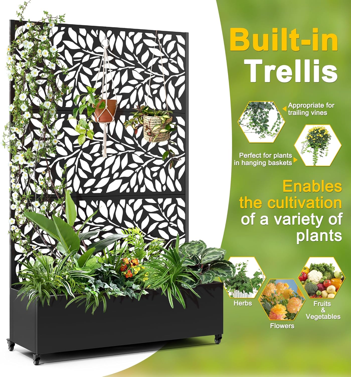 FENCY Metal Raised Garden Bed with Wheels and Trellis,73"x47"x16" Planter Box for Climbing Plants, Vegetables & Vines, Features Privacy Screen and Drainage Holes (Black-Leaf-2)