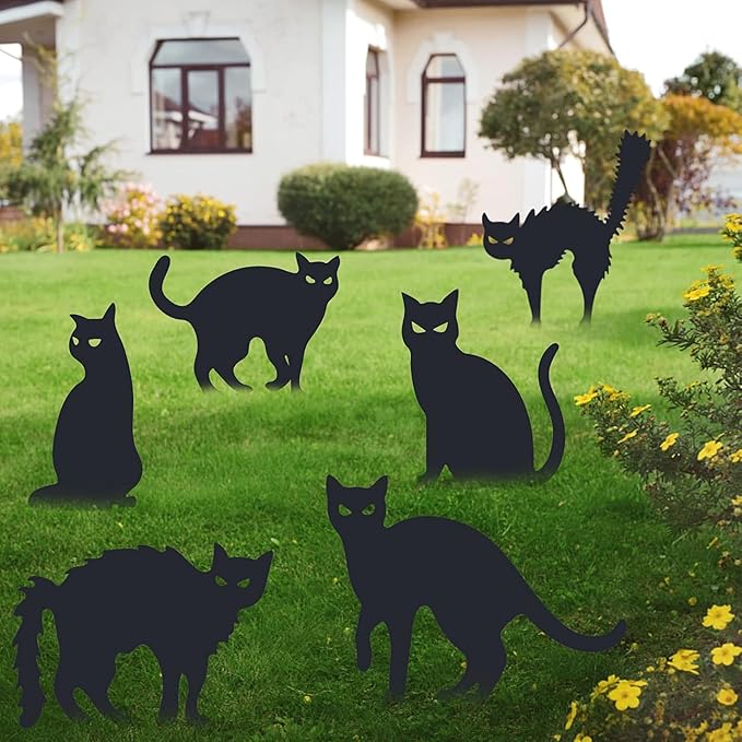 6 Pack Black Cat Yard Signs Halloween Decor with 12 Metal Stakes, Scary Black Cat Halloween Outdoor Decorations with 6 Pairs Glowing Eyes for Home Yard Garden Lawn Party Props Supplies