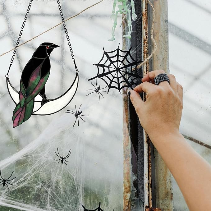 Stained Glass Crow on Moon Decor Window Hangings Ornament, Gothic Raven Suncatcher Halloween Decorations, Handmade Crow Birds Gifts Sun Catchers Indoor Window Home Decor.