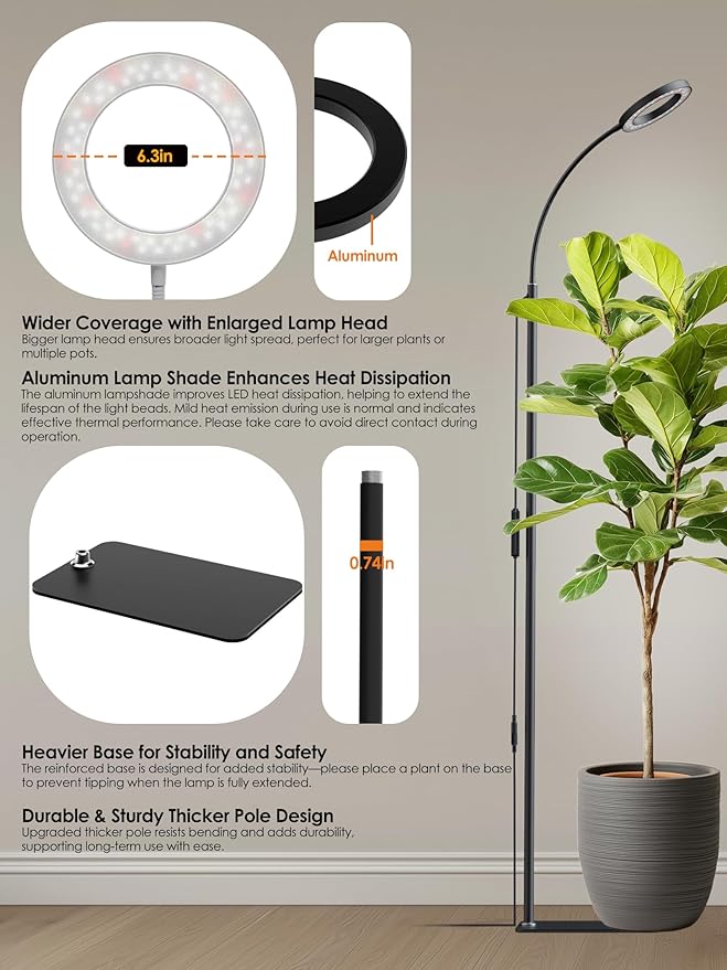 GLOWRIUM Smart Grow Lights for Indoor Plants with Auto Timer, Full Spectrum LED Floor Plant Light for 3 Spectrum Modes,6 Dimmable Levels,63inch Adjustable Height for Large Plants (Black, 20W)
