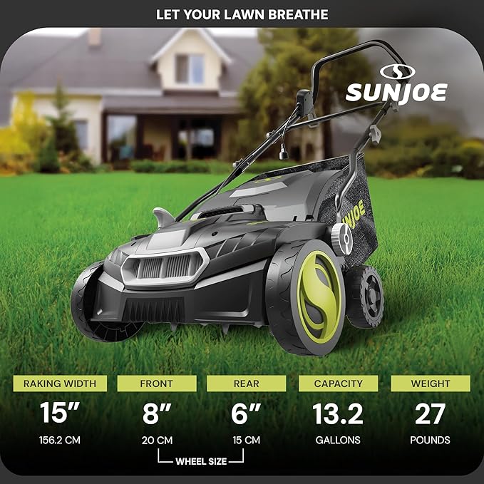 Sun Joe Electric Lawn Dethatcher & Scarifier w/ 13.2-Gal Bag, 15 Amp, 15 Inch, Black/Green - Heavy-Duty Corded Gardening Machine and Equipment for Lawn, Yard, and Grass, AJ808E