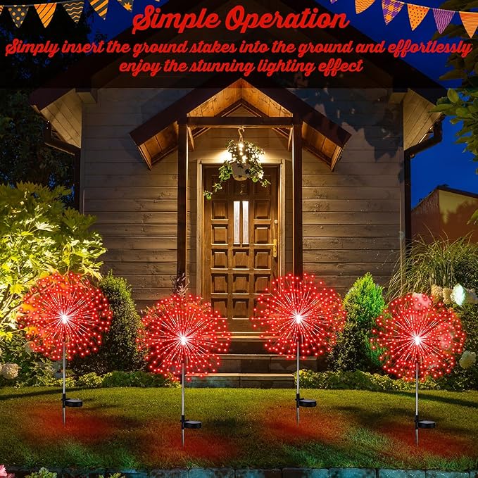 4 Pack Halloween Solar Lights Outdoor Christmas Solar Firework Lights with 180 LEDs 8 Modes LED Firework Decoration Waterproof Landscape Pathway Stake Sparkler Decor for Garden Driveway (Red)