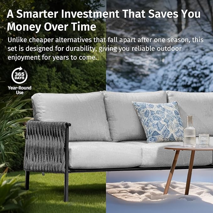 EAST OAK Patio Furniture Set 5 Pieces, Modern Outdoor Furniture 5 Seats Sofa with Two Round Coffee Table, Patio Conversation Set Deep Seating with Thick and Washable Cushions, Misty Grey2025