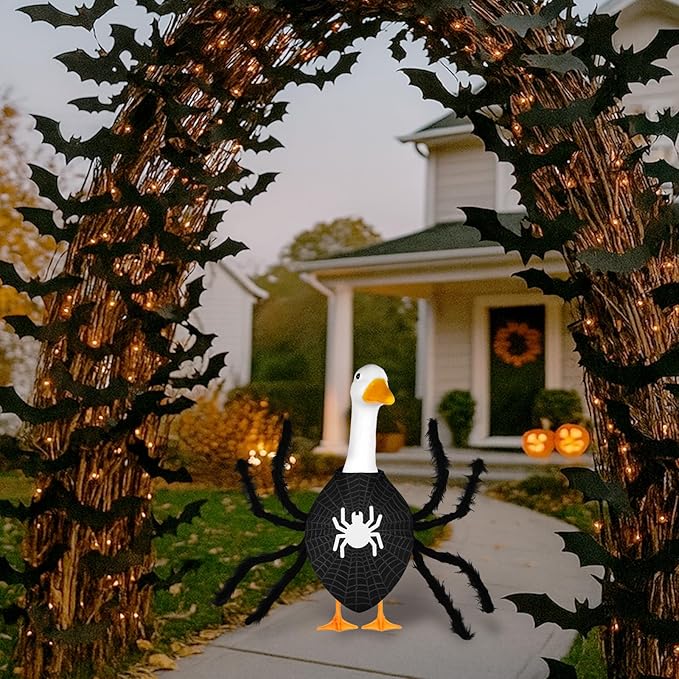 Halloween Spider Porch Goose Outfits 23inch Plastic Cement Goose Statue Costume, Fall Lawn Geese Sculpture Clothes for Garden Yard Patio Party Decoration