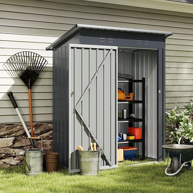 Goplus 5 x 3 FT Outdoor Storage Shed, Galvanized Metal Tool House w/Sloped Roof, 2 Vents, Lockable Door, Waterproof & Windproof Utility Tool Organizer for Garden, Backyard, Lawn, Patio, Gray