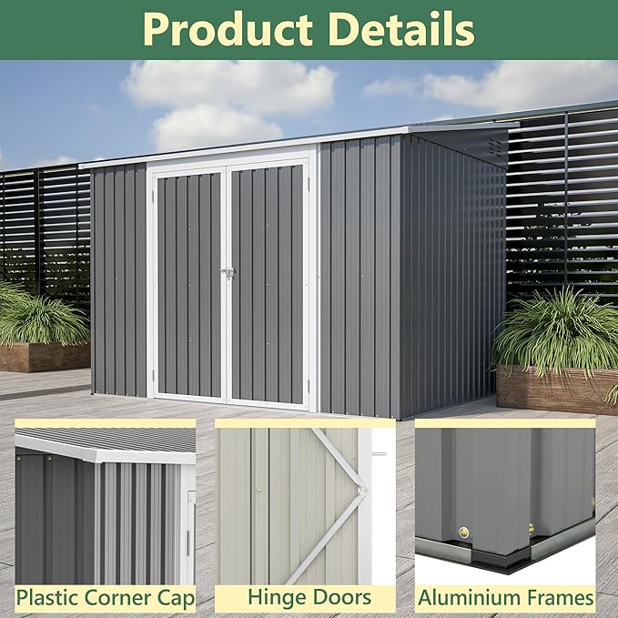 8x6FT Outdoor Storage Shed with Floor & 2 Lockable Doors,Metal Tool House W/ 2 Air Vents & Slpoed Roof,All Weather Waterproof Heavy Duty Stroage Unit for Backyard,Patio,Lawn,Garden,Gray