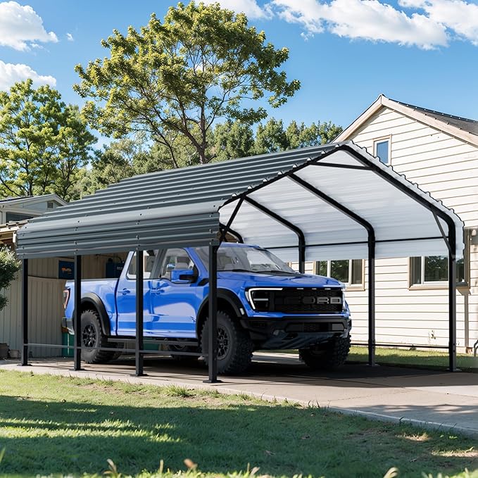Metal Carport, Heavy Duty Metal Carport Canopy with Galvanized Steel Roof and Frame, Permanent Garage for Pickup, Bass Boat, Trucks, Car and Tractors