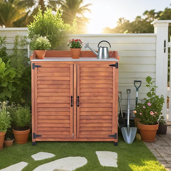 Outdoor Potting Bench with Metal Work Top,Waterproof Garden Storage Cabinet,Wooden Tool Station Shed for Backyard,Patio,Lawn Gardening