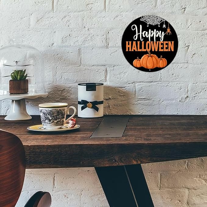 PEACHGARDEN Halloween Pumpkin Metal Tin Sign Vintage Pumpkin Decor Round Welcome Retro Wall Art Gothic Plaque Spooky Home Porch Decorations 8x8inch