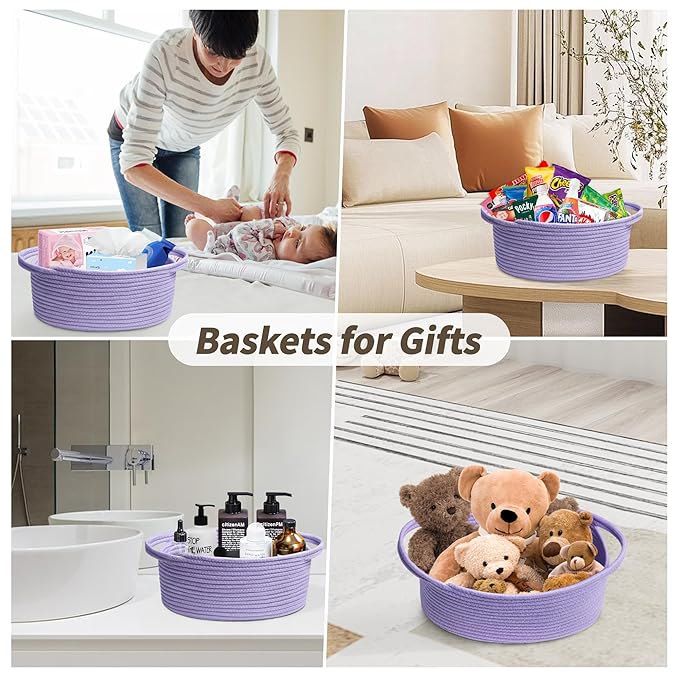 Pro Goleem Small Woven Basket with Gift Bags and Ribbons Durable Baskets for Gifts Empty Small Rope Basket for Storage 12"X 8" X 5" Baby Toy Basket with Handles, purple