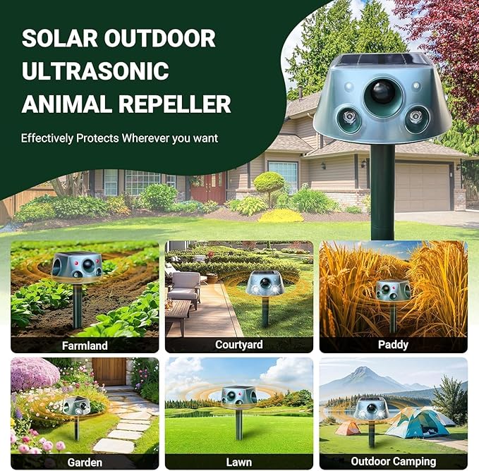 Solar Ultrasonic Animal Repellent, Waterproof Deer Repellent Devices with Motion Detection, 3 Mode, Cat Repellent Outdoor Squirrel Skunk Rabbit Raccoon Dog Mouse Deterrents Repeller for Yard Patio
