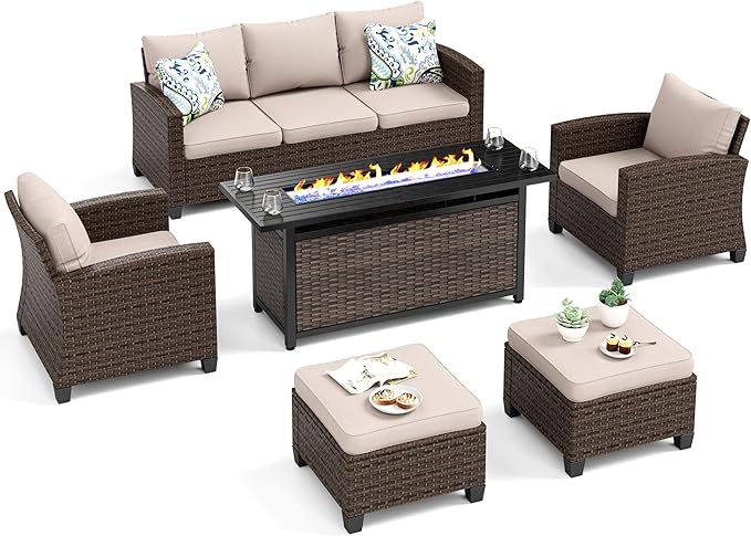 Patio Furniture Set, 6 Pcs Wicker Rattan Outdoor Conversation Set, 2 x Leg Chairs, 1 x 3 Seater Sofa and 2 x Ottoman with 4" Thick Cushion and 56" Fire Pit Table, Beige