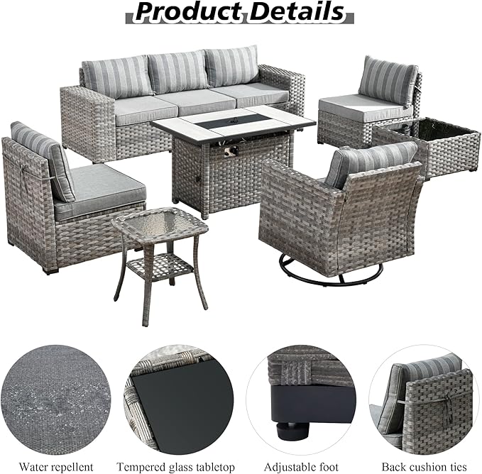 HOOOWOOO 9 Piece Modular Patio Outdoor Sectional Furniture Set with Large Propane Fire Pit Table,Wicker Conversation Sofa Set with Swivel Chairs,Outside Couch Set(Grey Stripes)