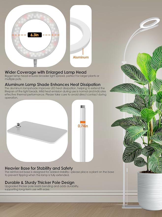 GLOWRIUM Smart Grow Lights for Indoor Plants with Auto Timer,Full Spectrum LED Floor Plant Light for 3 Spectrum Modes,6 Dimmable Levels,63inch Adjustable Height for Large Plants (White, 40W)