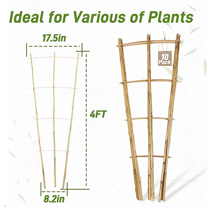 Avalution 10 Pack Bamboo Trellis for Climbing Plants, 4 FT Garden Ladder Trellis for Potted Plants Indoor, Fan-Shaped Small Plant Support Trellis for Houseplants Ivy Hoya Vine Monstera