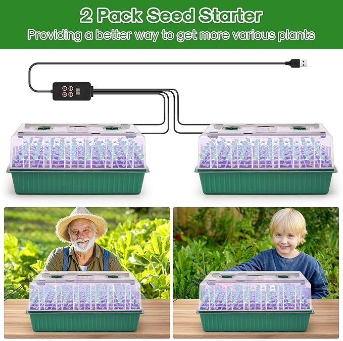 BlumWay Self-Watering Seed Starter Tray Kit with Grow Light and Humidity Dome, 3 Color Growing Light,120-Cell Plant Seedling Tray,Reusable Germination Trays,Adjustable/Timed Light Plant Starter Set