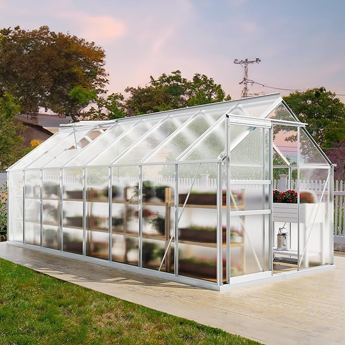 YITAHOME 16x6FT Polycarbonate Greenhouse for Outdoors, Large Heavy Duty Aluminum Greenhouses with Sliding Doors and Vent Window, Walk-in Greenhouse for Garden Backyard, Simple Setup, Silver
