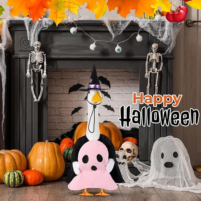 Sanwuta 1 Set Halloween Porch Goose Outfit Pink Ghost Pillow Design with Witch Hat for 23" Lawn Cement Goose Porch Geese Clothes Costume for Halloween Garden Patio Yard Outdoor Decorations