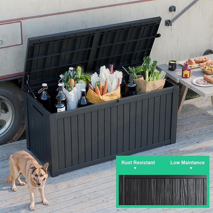 ROJIK Outdoor Storage Housing Deck Box - Waterproof Patio Furniture, Garden Tools, Cushions, Pool Accessories Storage Bench with Lockable Lid and Side Handles (Black, 180 Gal)