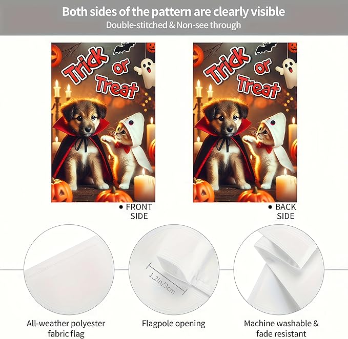 Halloween Garden Flag 12x18 Flag Dog And Cat Ghost Pumpkin Garden Flag Trick Or Treat Design With Puppy And Kitten Flag Outdoor Yard Lawn Patio Decoration Banner