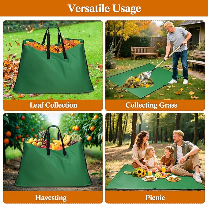 Leaf Bag for Collecting Leaves, 600D Oxford Cloth Collapsible Reusable Garden Yard Waste Tarp Container with Padded Handle 2 in 1 Leaf Collector Storage Bags Heavy Duty Leaf Tarp, 48" x 72"