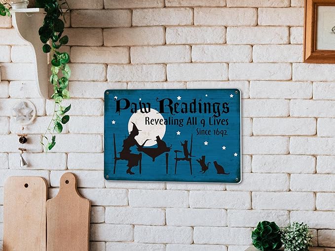 Halloween Decor Paw Readings 9 Lives Black Cats Withces Goth Decor Metal Sign Vintage Tin Sign Party Decoration 8X12 Inch
