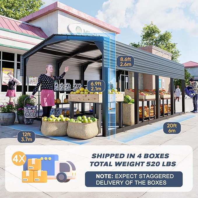 Metal Carport 12x20 FT, Heavily Reinforced Car Garage with Extra Crossbeams Kits, Auto Shelters with Steel Roof and Enhanced Base, Snow Resistance Vehicle Shed, Carports for Tractors,Boat,Truck